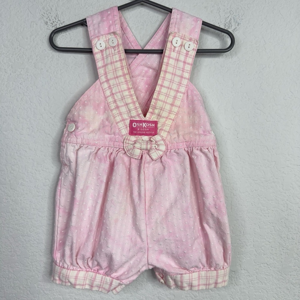 OshKosh B'Gosh Overall Shorts Girls 18M Pink Plaid Boucle VTG Made in USA Romper